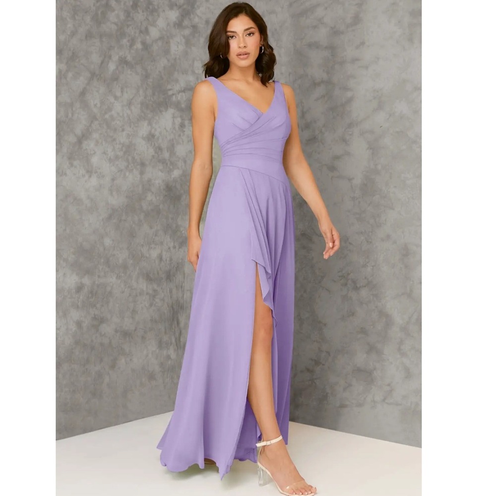 Azazie Kori Chiffon Maxi Dress Frosted Lilac V-Neck Pleated Bridesmaid Gown